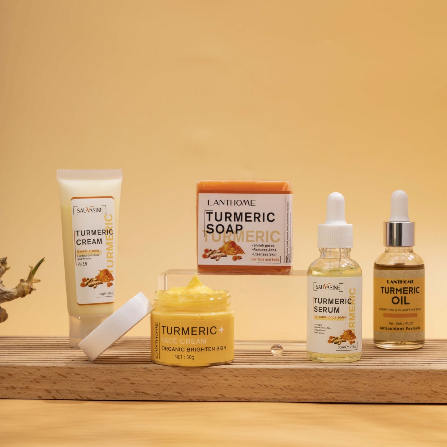 5Pcs/Set Turmeric Skin Care Set Acne Dark Spot Remover Whitening Facial Serum Natural Organic Moisturizing Face Cream Essence