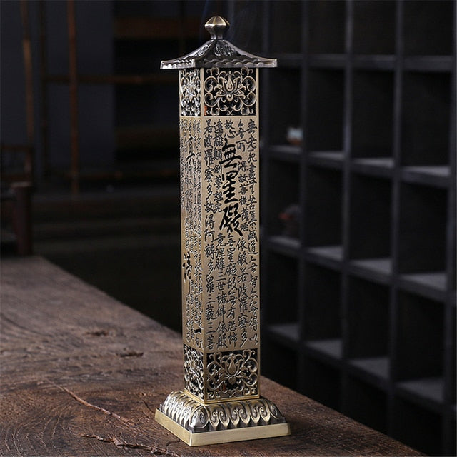 Retro Vertical Incense Burner Buddha Heart Sutra Dragon Phoenix Pillar Metal Incense Stick Home Office Ceremony Decoration
