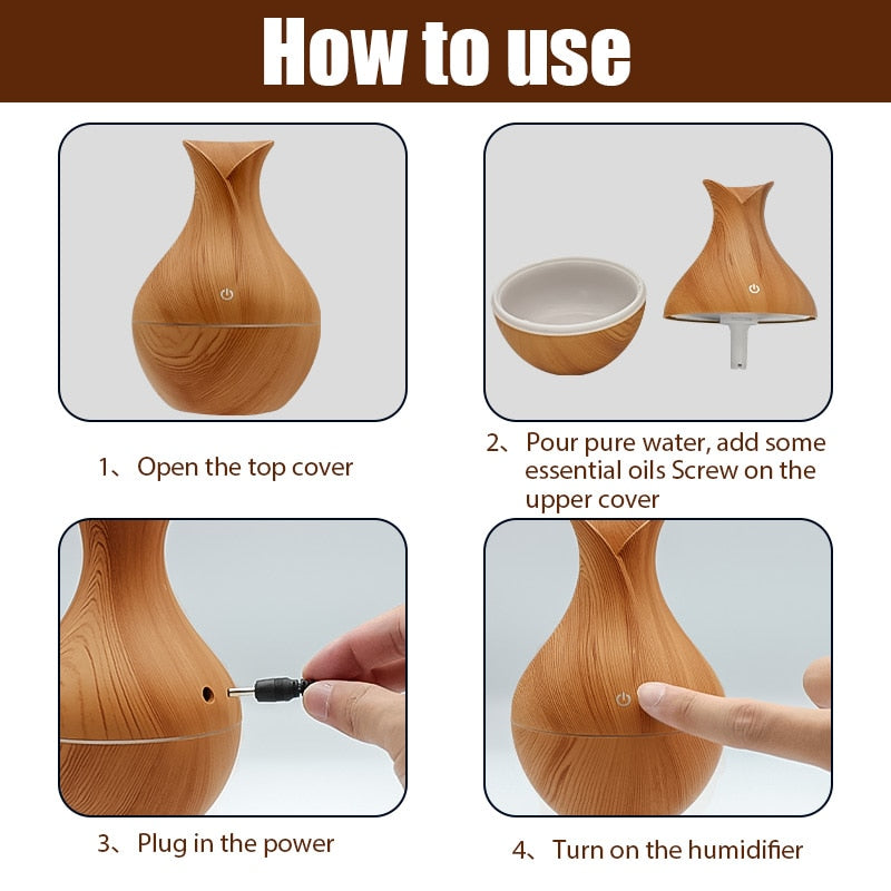Creative Vase Humidifier Wood Grain Usb Mini Colorful Lamp Office Air Humidifier Essential Oil Diffuse Ball Aroma Diffuser