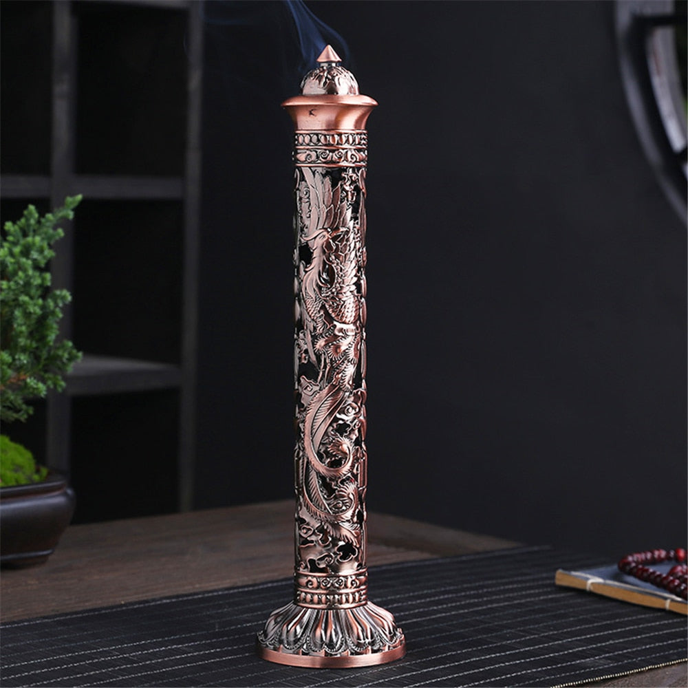 Retro Vertical Incense Burner Buddha Heart Sutra Dragon Phoenix Pillar Metal Incense Stick Home Office Ceremony Decoration
