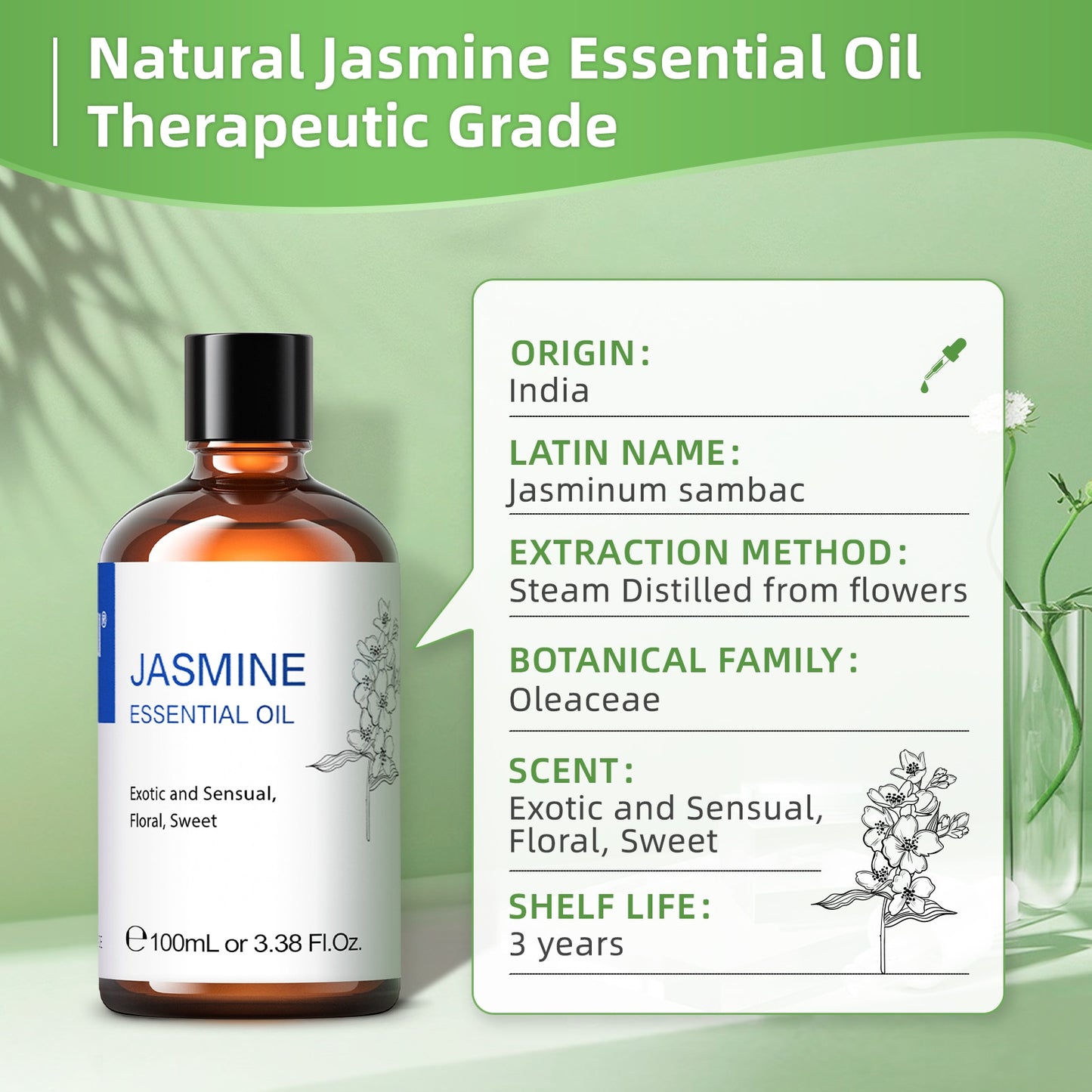 HIQILI 100ML Jasmine Essential Oils ,100% Pure Nature for Aromatherapy | Used for Diffuser,Humidifier,Massage | Fragrance DIY