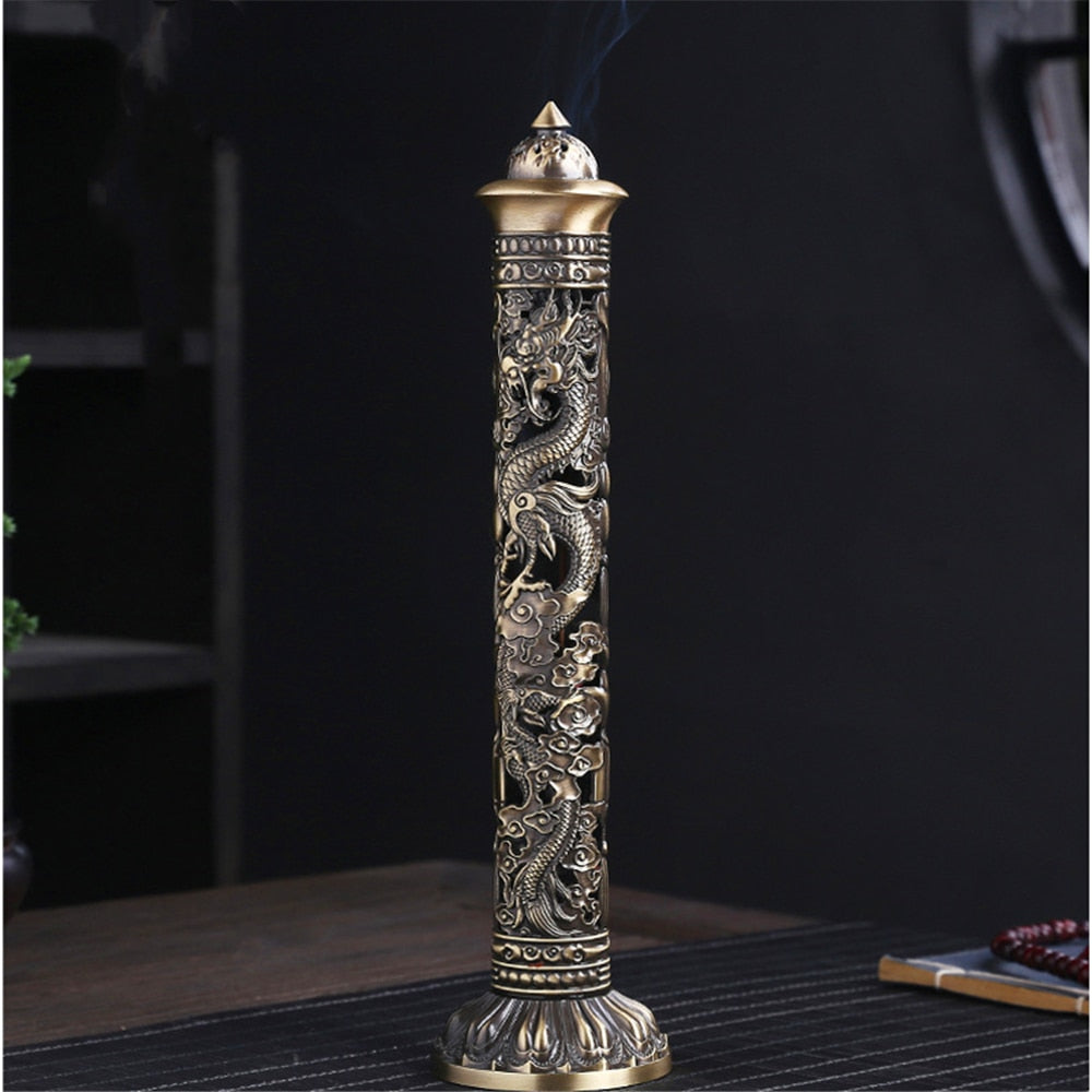 Retro Vertical Incense Burner Buddha Heart Sutra Dragon Phoenix Pillar Metal Incense Stick Home Office Ceremony Decoration