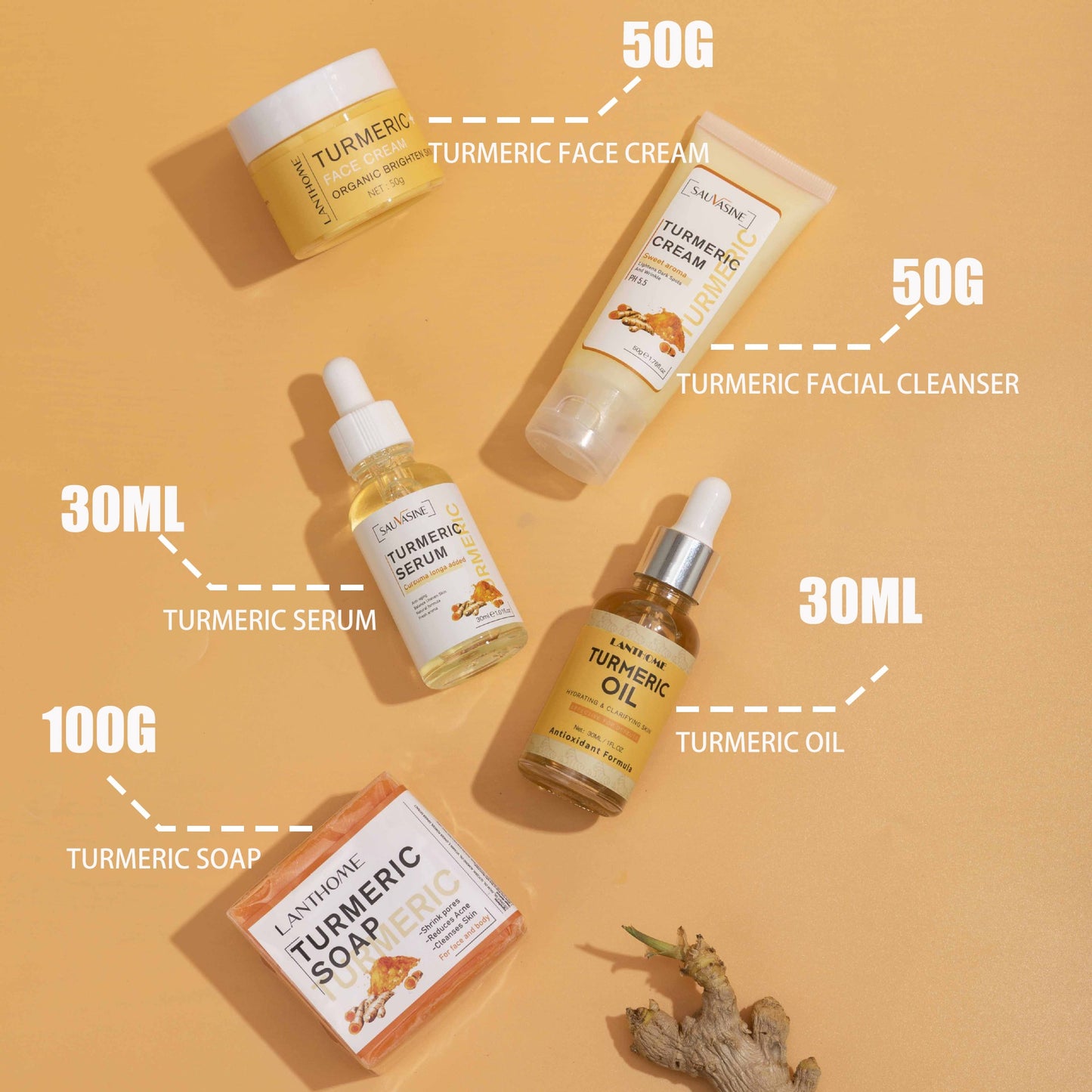 5Pcs/Set Turmeric Skin Care Set Acne Dark Spot Remover Whitening Facial Serum Natural Organic Moisturizing Face Cream Essence