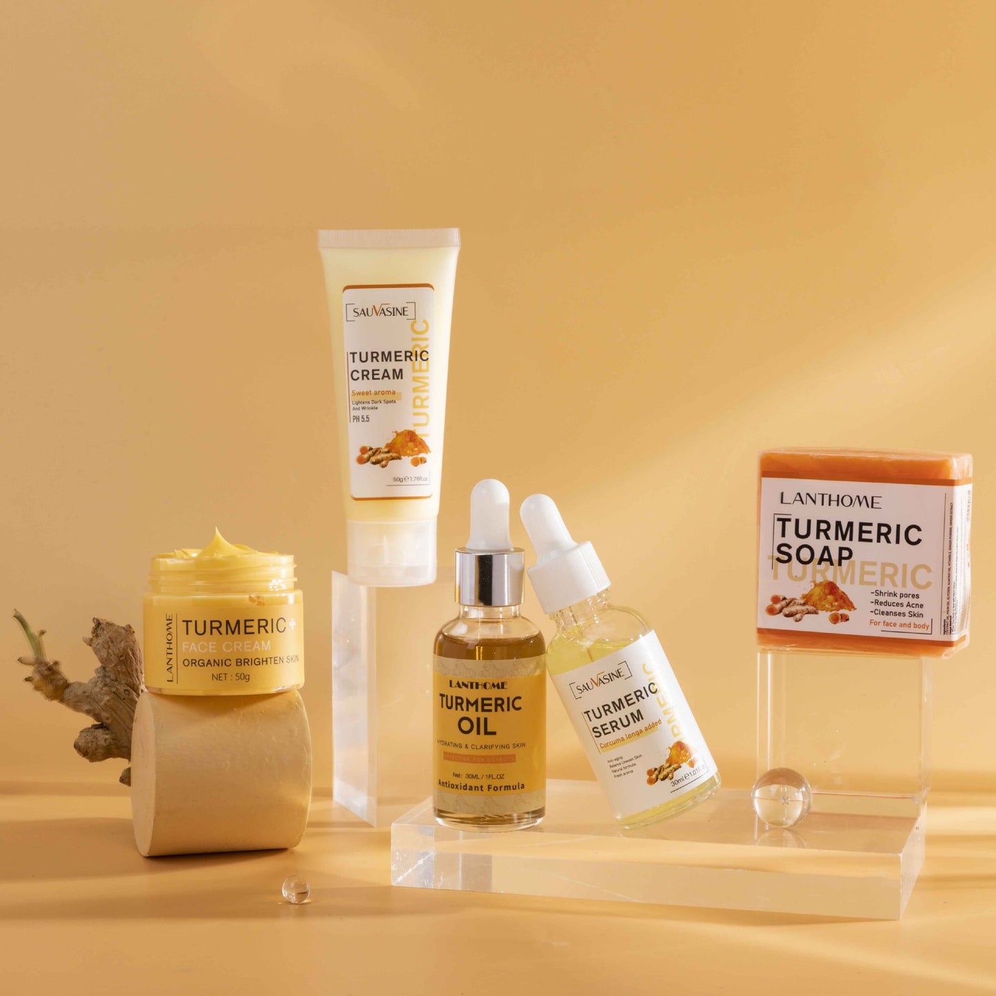 5Pcs/Set Turmeric Skin Care Set Acne Dark Spot Remover Whitening Facial Serum Natural Organic Moisturizing Face Cream Essence