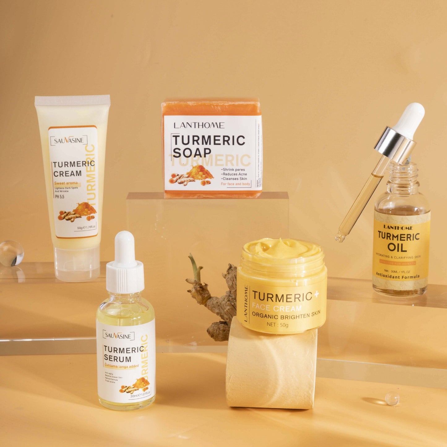 5Pcs/Set Turmeric Skin Care Set Acne Dark Spot Remover Whitening Facial Serum Natural Organic Moisturizing Face Cream Essence