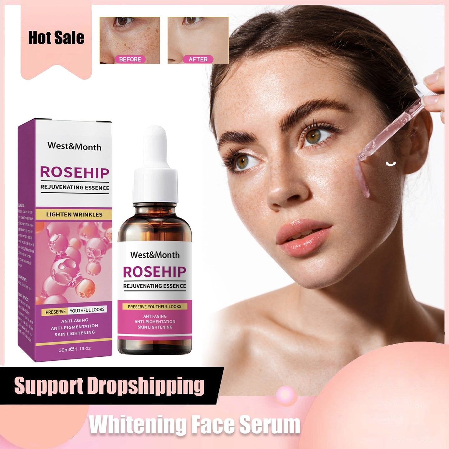 Whitening Serum Rosehip Essential Oil Pure Organic Fade Dark Spot Freckle Brighten Essence Remove Pigment Melanin Corrector 30ml